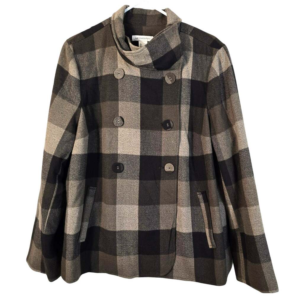 Liz Claiborne Coat Women's XL Brown Buffalo Check Classic Casual Outdoors Winter